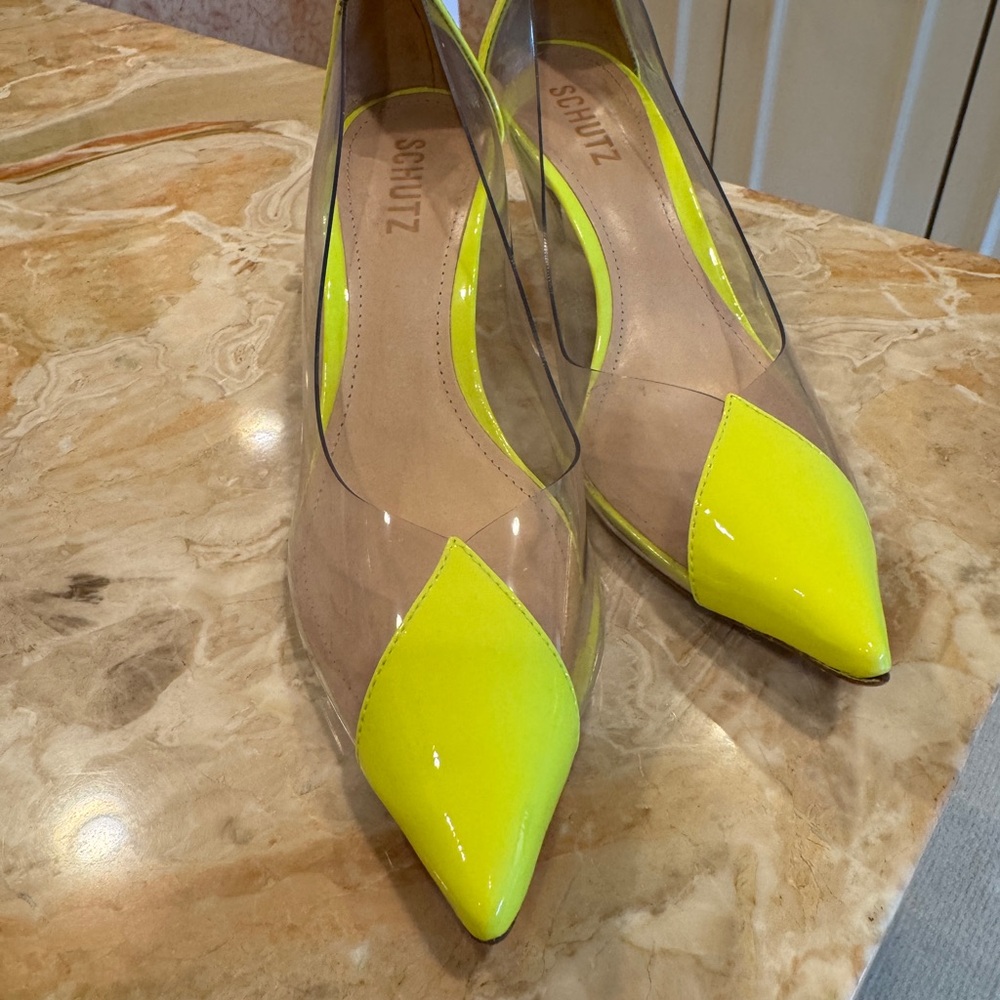 SCHUTZ Cream and Yellow Heels with Sleek Transparent Design